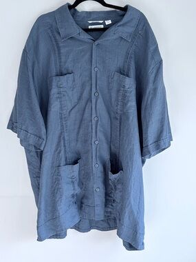 Cubavera‎ 100% Linen Shirt 4XLT Blue Guayabera Button Front Big Tall